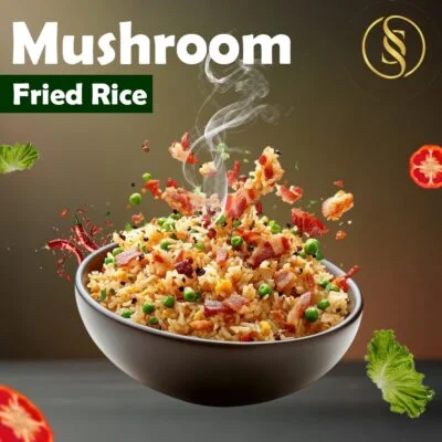 A plate of mushroom fried rice with sautéed mushrooms, vegetables, and basmati rice.