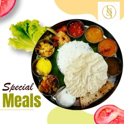 A plate of special meals served with rice, curry, and side dishes in traditional style.