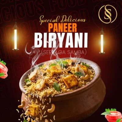 A bowl of special paneer biryani with basmati rice, paneer cubes, and spices served hot.